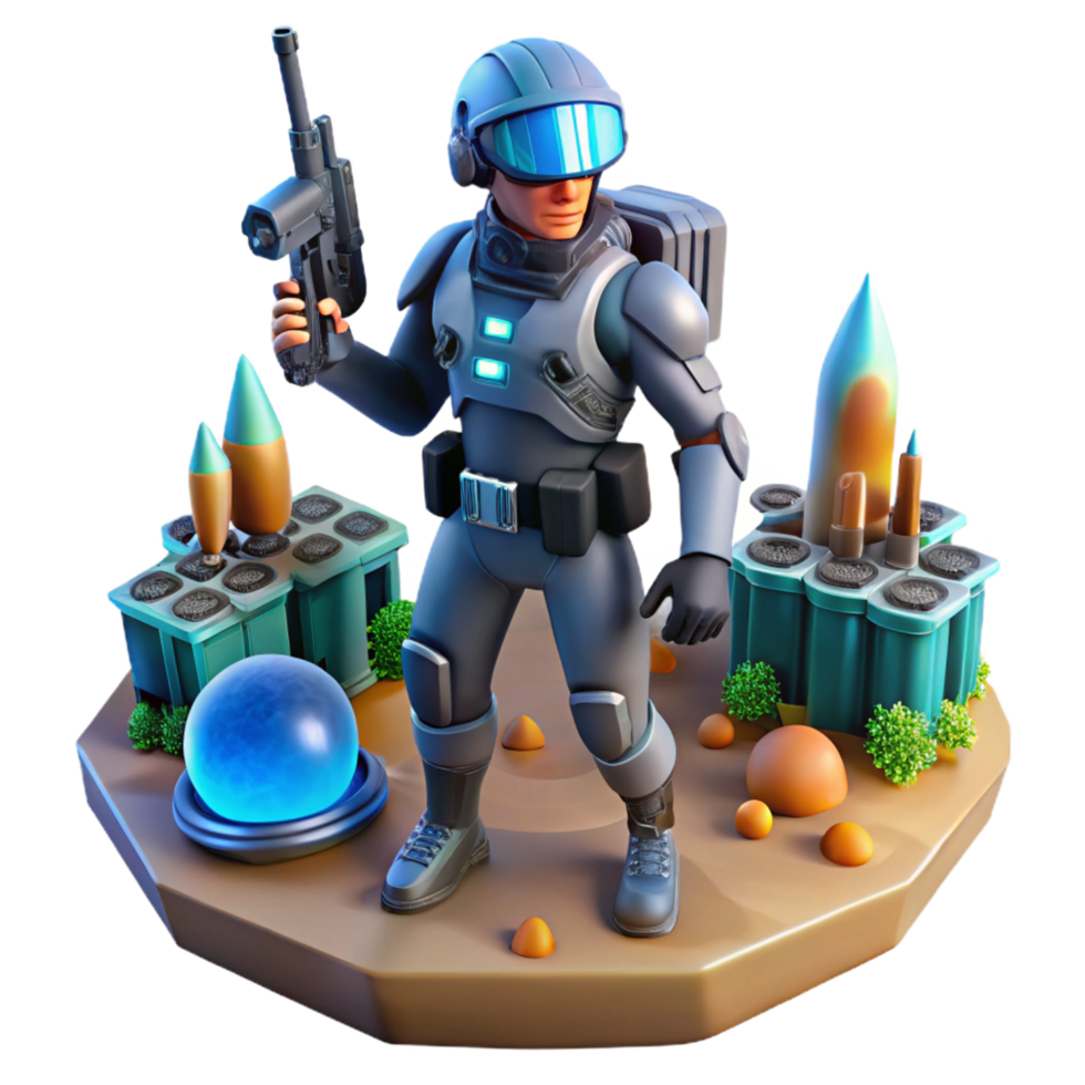 Futuristic Soldier in Combat Zone with Energy Weapon and Missiles png