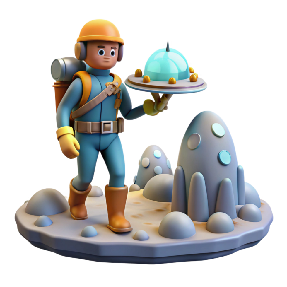 3D Render of Astronaut Exploring Alien Landscape with UFO png