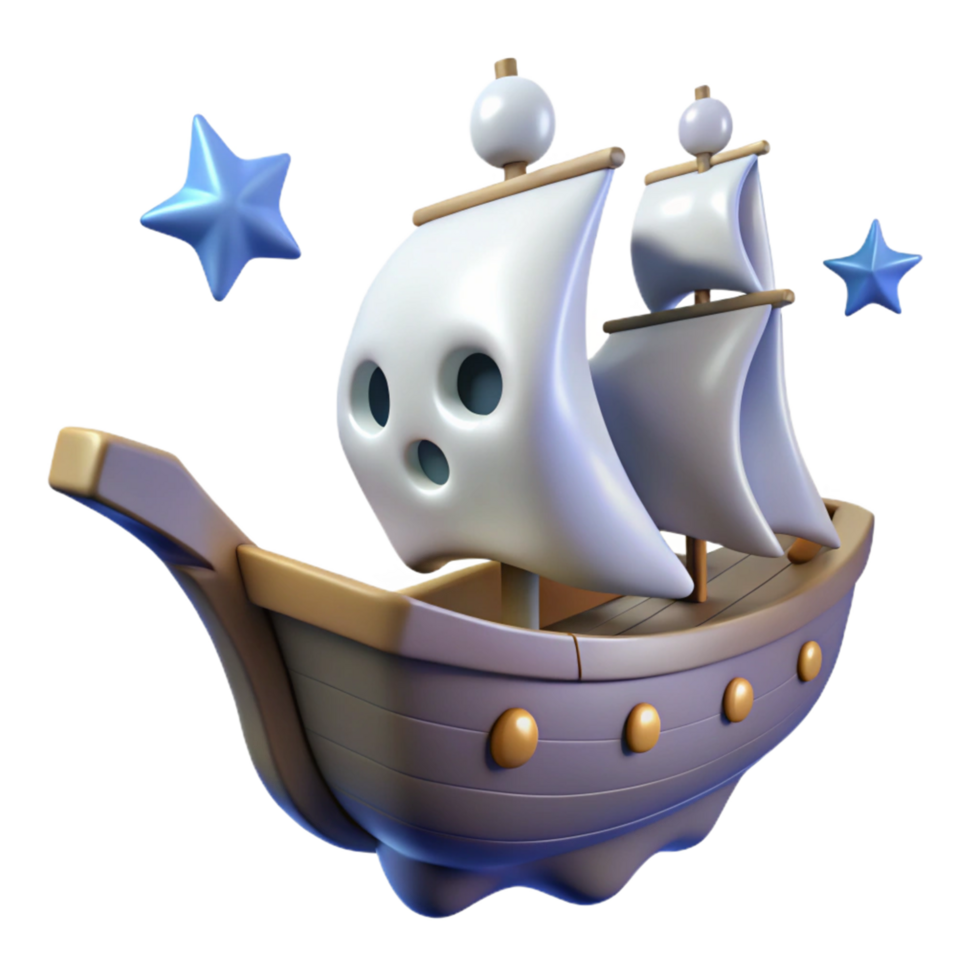 Ghost Ship Sailing Under Starlit Sky 3D Render of Whimsical Boat png