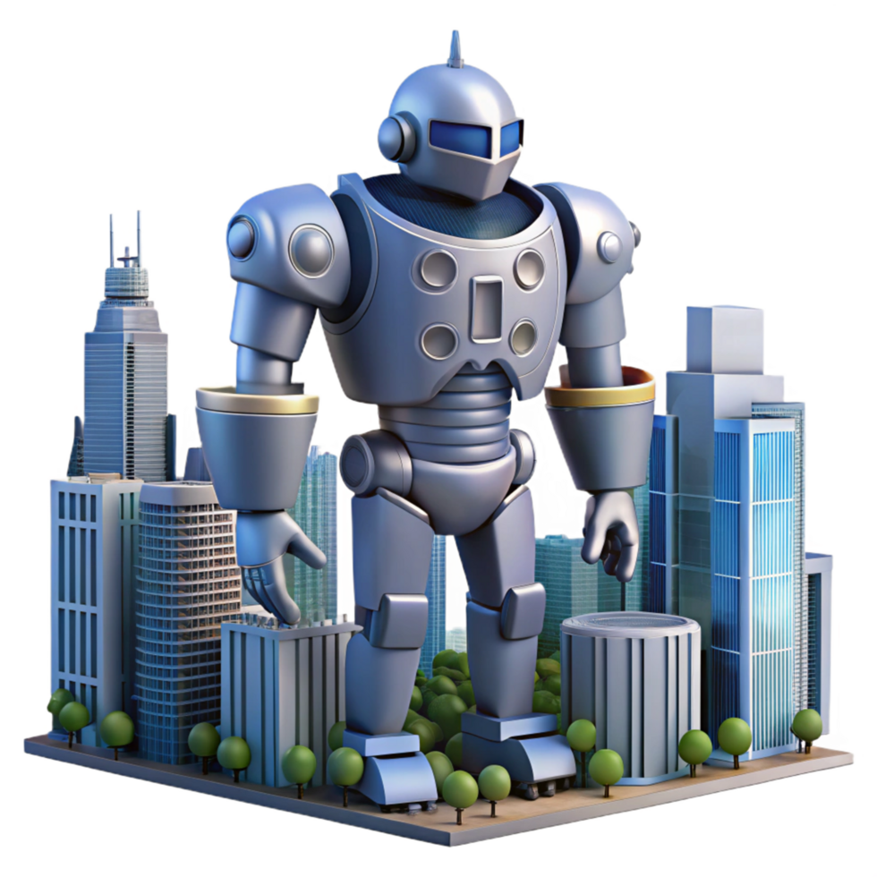 Giant Robot in Metropolis A Futuristic Cityscape png
