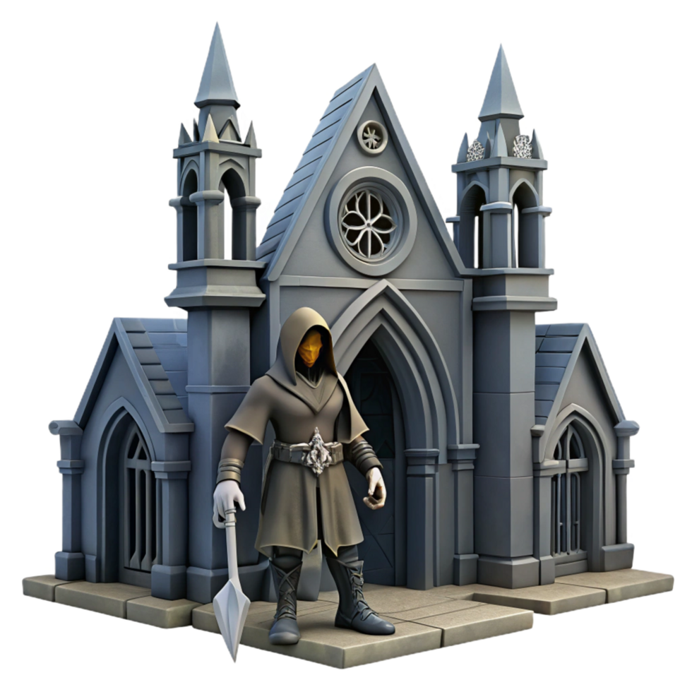 3D Render of Hooded Figure with Spear Standing Before Gothic Church png