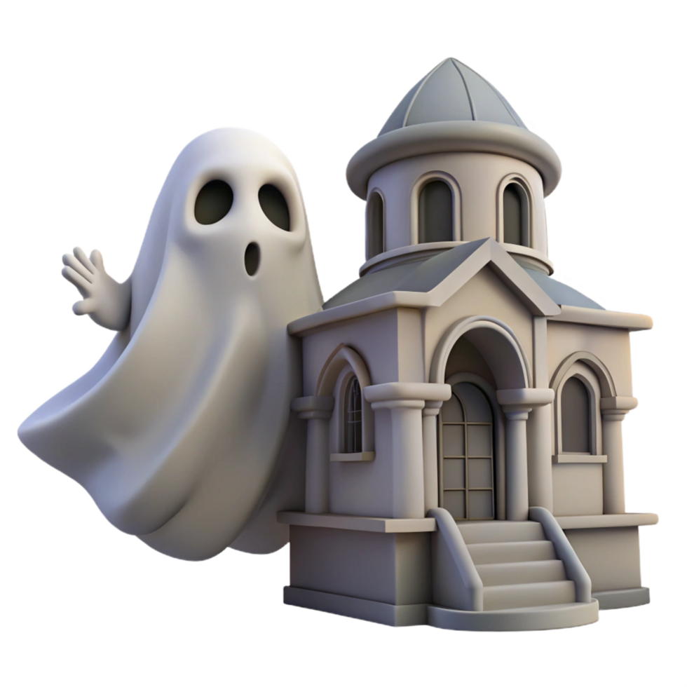 Ghostly Manor 3D Render of a Spooky Haunted House and Friendly Ghost png