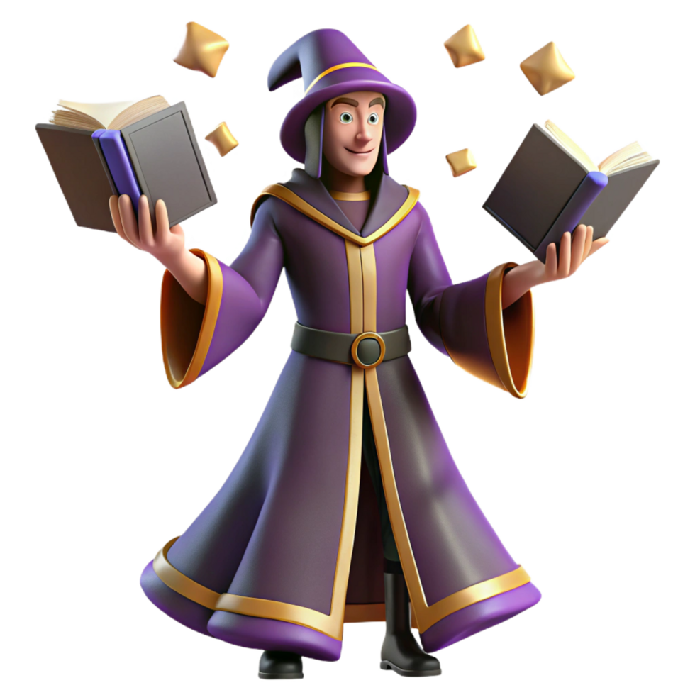 Mago conjuração livros mágico 3d render do feiticeiro com flutuando tomos png