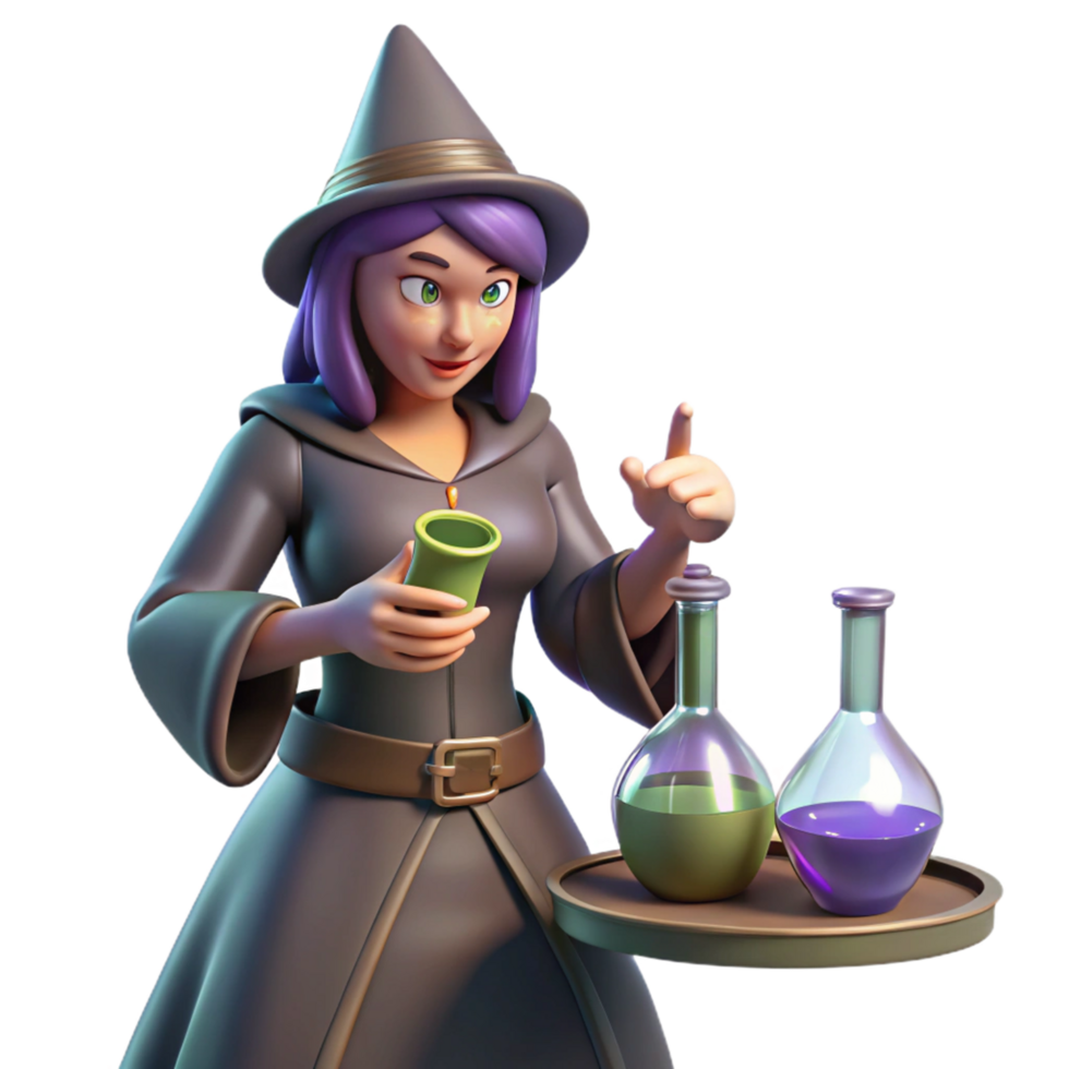 3D Render of a Witch Making a Potion png