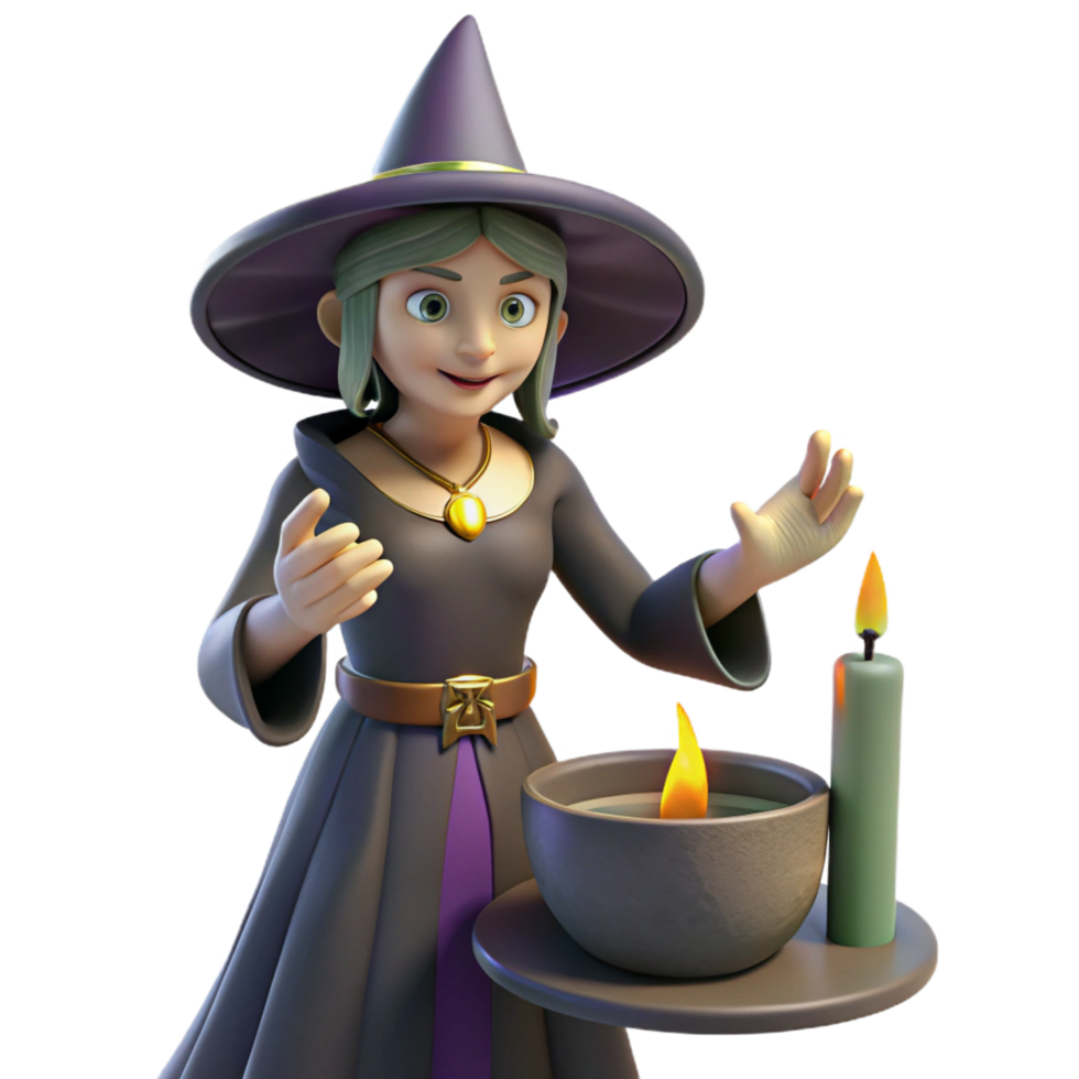 3D Render of a Friendly Witch with Candles png