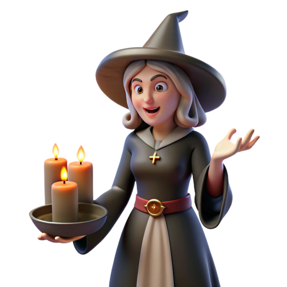 3D Render of a Friendly Witch Holding Lit Candles png
