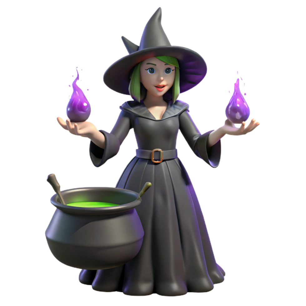 3D Render of a Cute Witch with Potion and Cauldron png