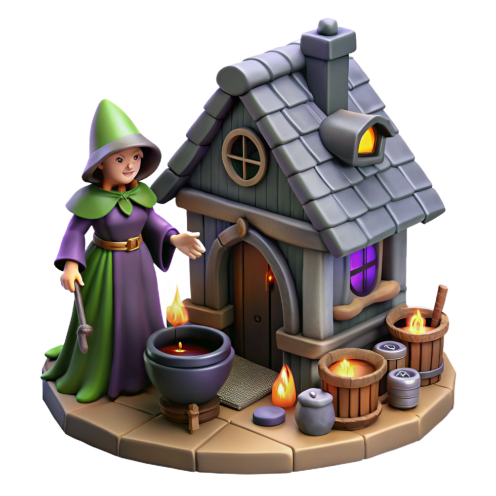 Enchanted Cottage A 3D Render of a Witch and Her Magical Home png
