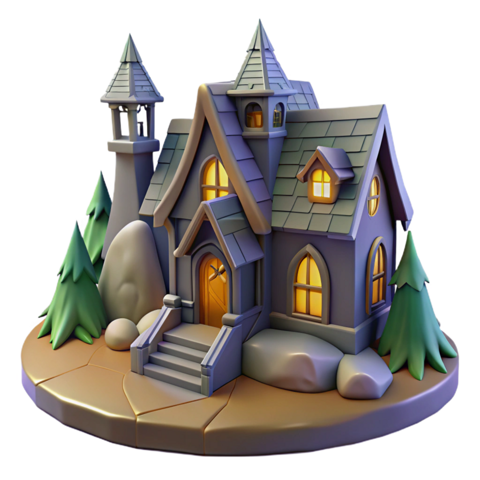 Enchanted Stone House 3D Model Fantasy Home with Tower and Trees png