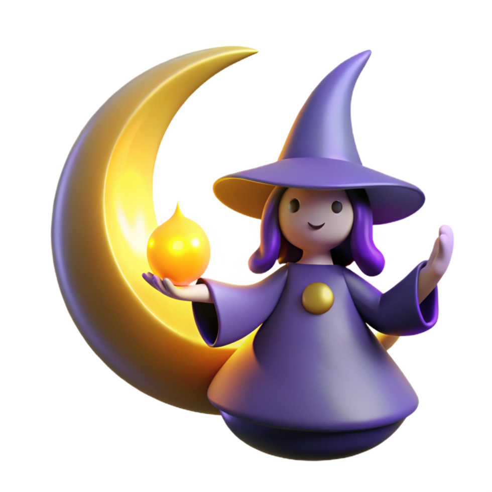 3D Render of Cute Witch with Crescent Moon and Glowing Orb png