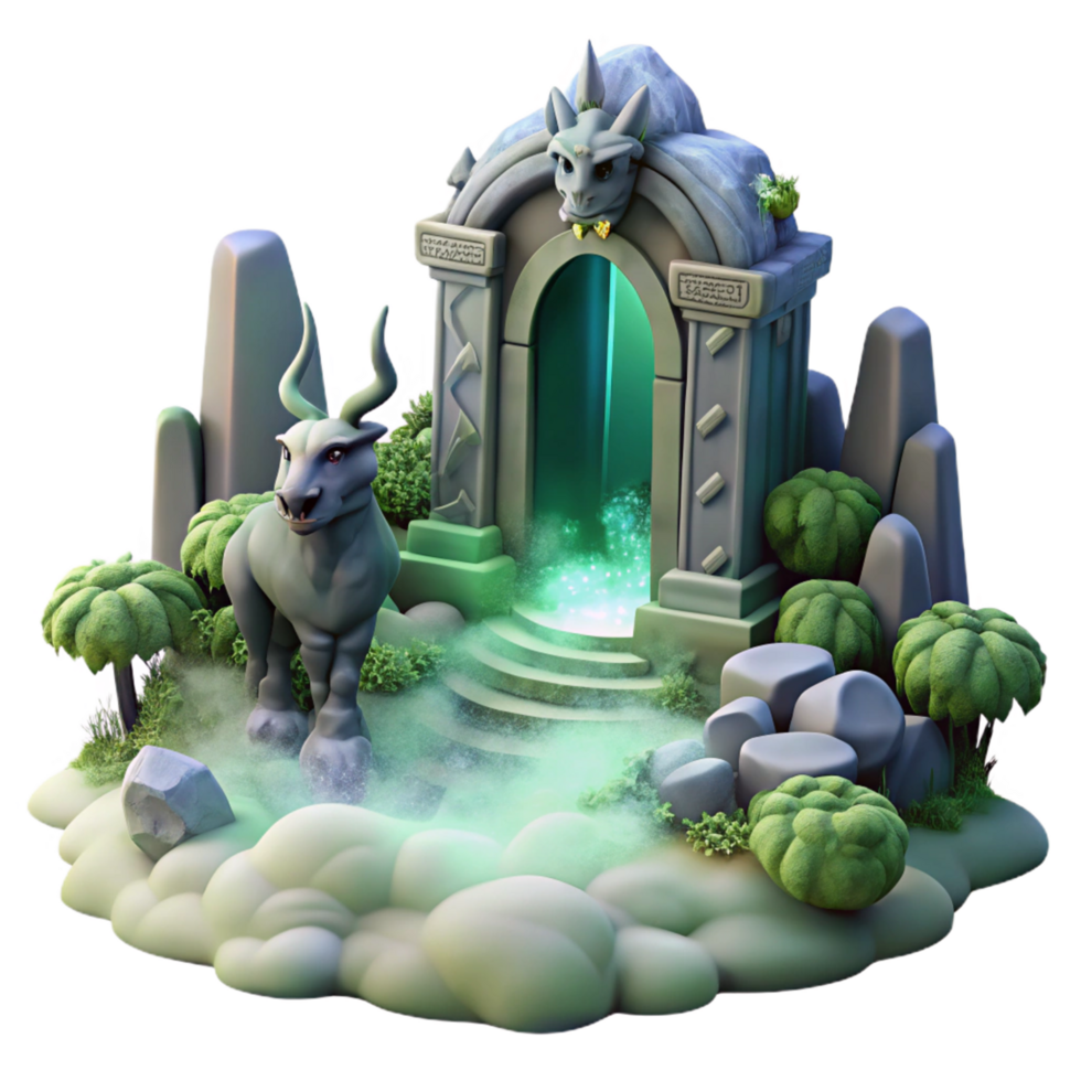 Mystical Portal Fantasy Landscape with Creature and Glowing Entrance png