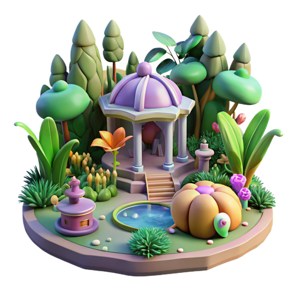 Enchanted Garden 3D Stylized Gazebo, Pond, and Lush Plants png