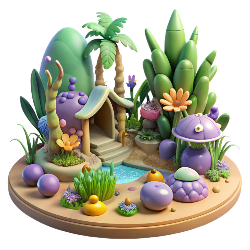 Whimsical 3D Render of a Fantasy Garden with Playful House png