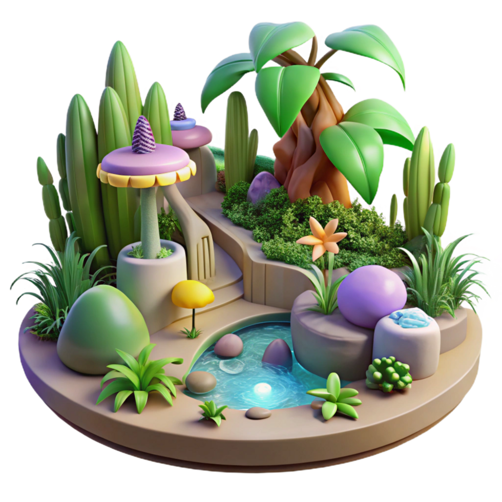 Enchanted 3D Garden Miniature Oasis with Lush Plants, Pond, and Mushrooms png