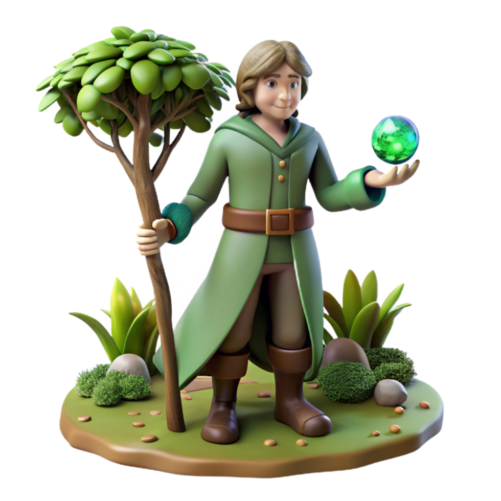 Fantasy Wizard with Staff and Magic Orb in 3D Render png