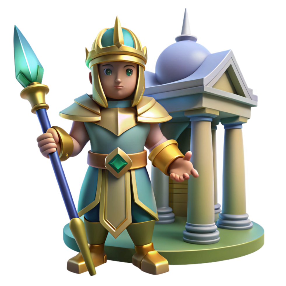 Royal Guard with Spear and Ancient Temple 3D Render png