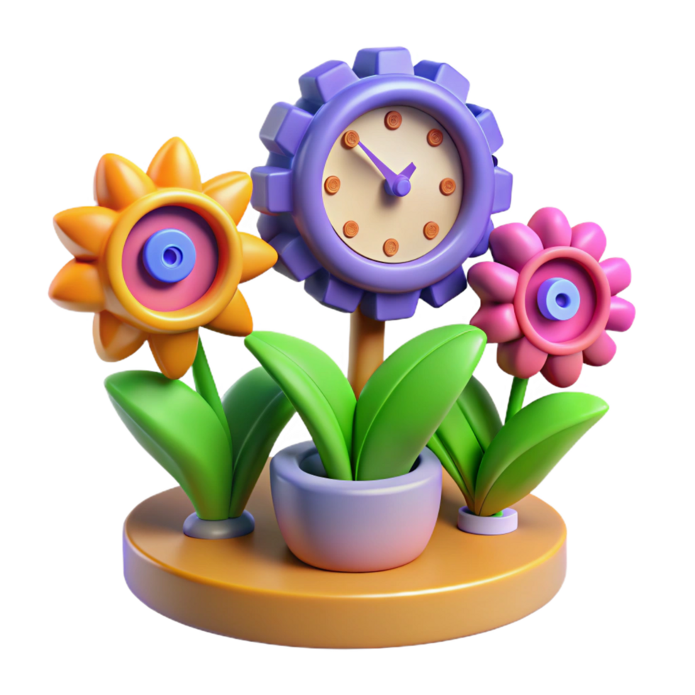 Colorful 3D Render of Flowers and Clock png