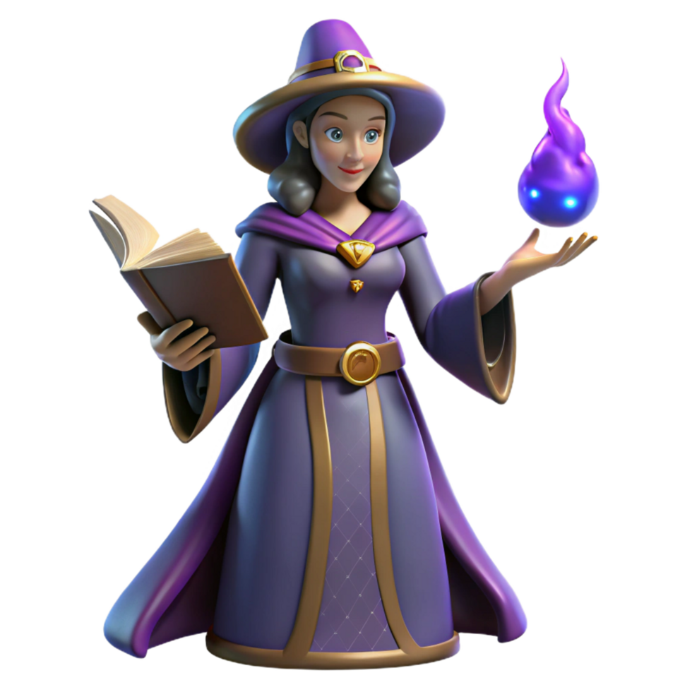 Fantasy Witch 3D Model Purple Robe, Spell Book, and Magic Flame png