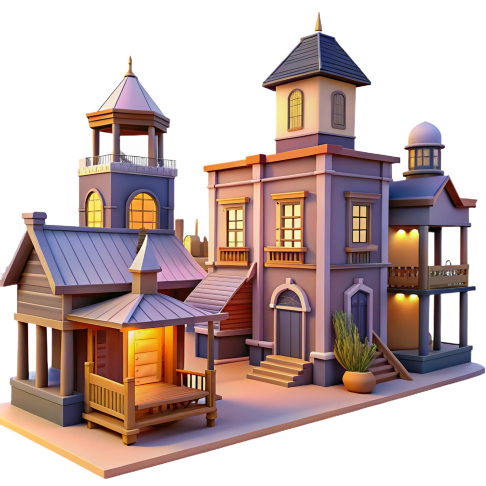 3D Render of a Charming Town Square with Unique Houses png