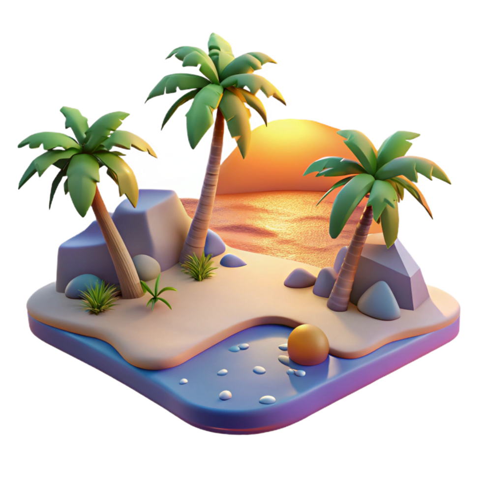 Sunset Beach Island Paradise 3D Render of Tropical Scene png