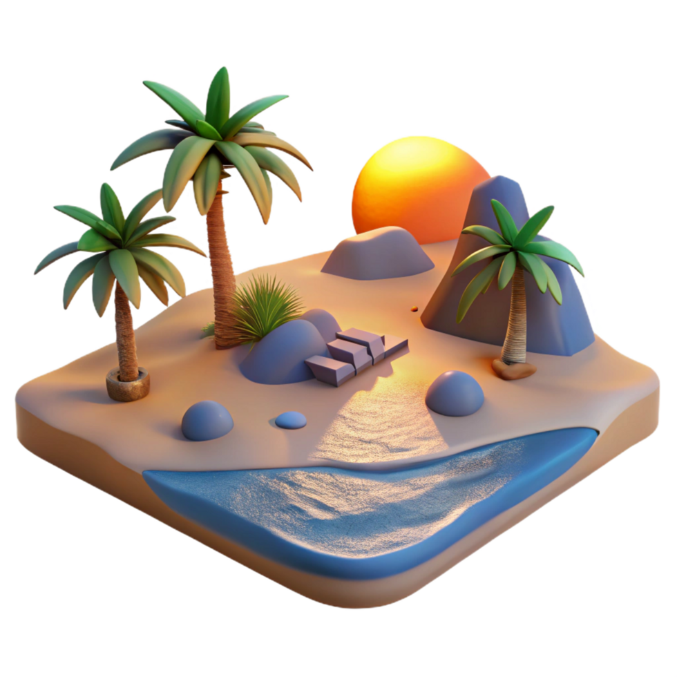 Sunset Beach Oasis 3D Render of Tropical Island Paradise png