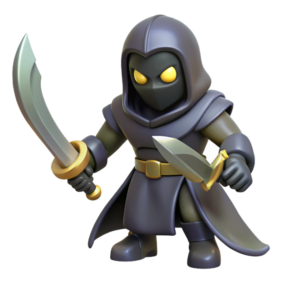 Dark Hooded Warrior with Curved Sword and Dagger png
