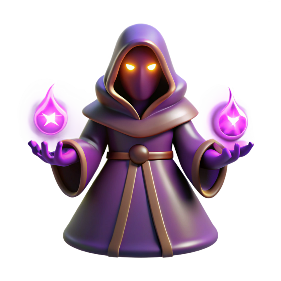 3D Render of a Mystical Purple-Robed Sorcerer Conjuring Glowing Star-Shaped Energy png