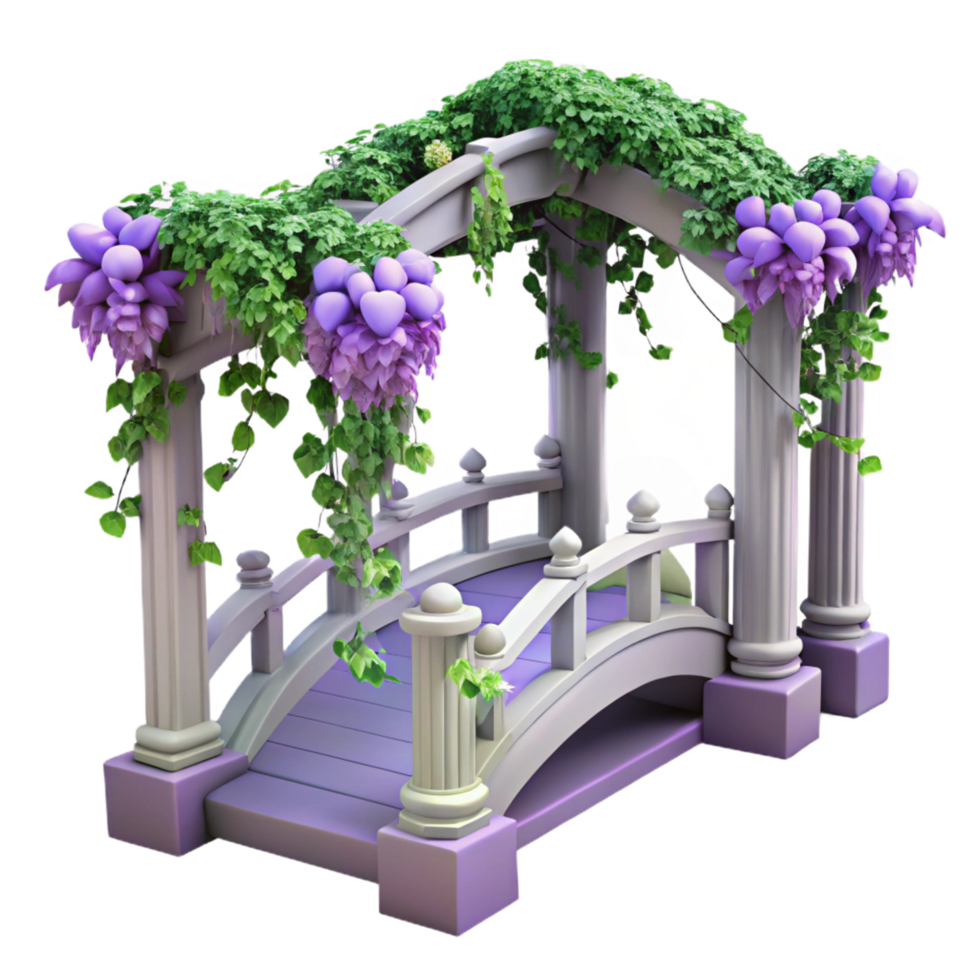 Enchanted Garden Bridge Floral Arch, Purple Flowers, Stone Pillars, Wooden Deck png