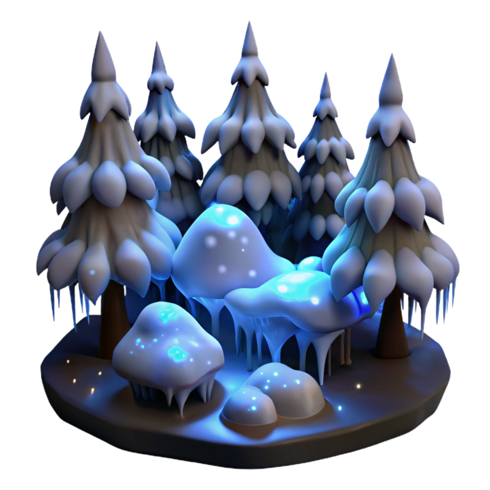 Enchanted Winter Forest 3D Render of Snowy Trees and Glowing Icicles png