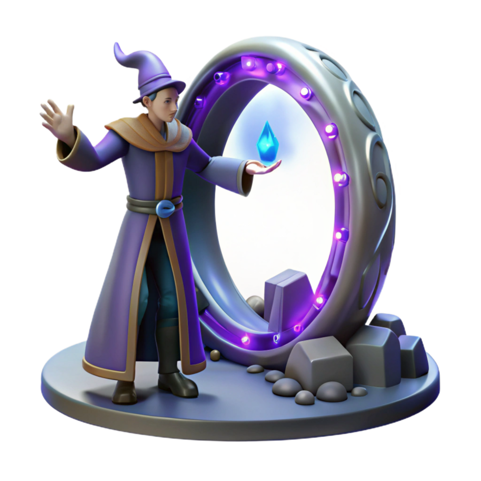 Wizard Conjuring Portal Fantasy 3D Render of Magical Gateway png