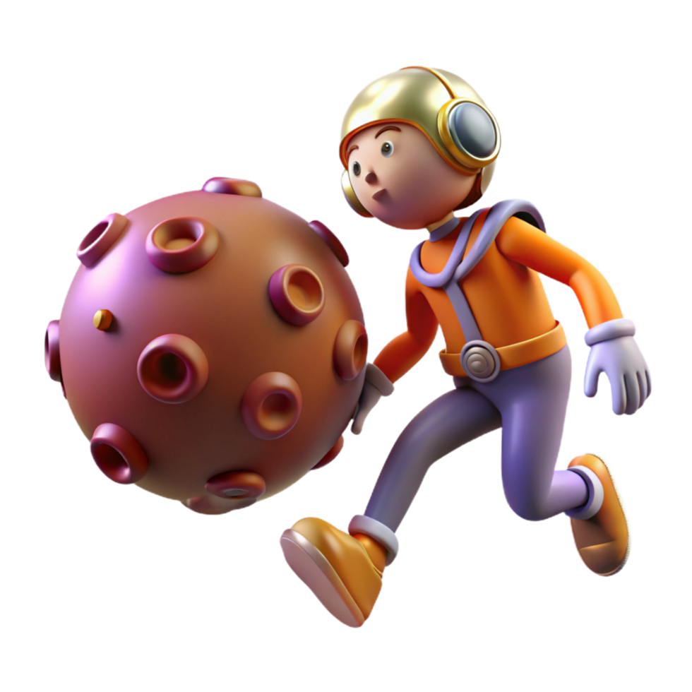 3D Render of Astronaut Running with Asteroid png