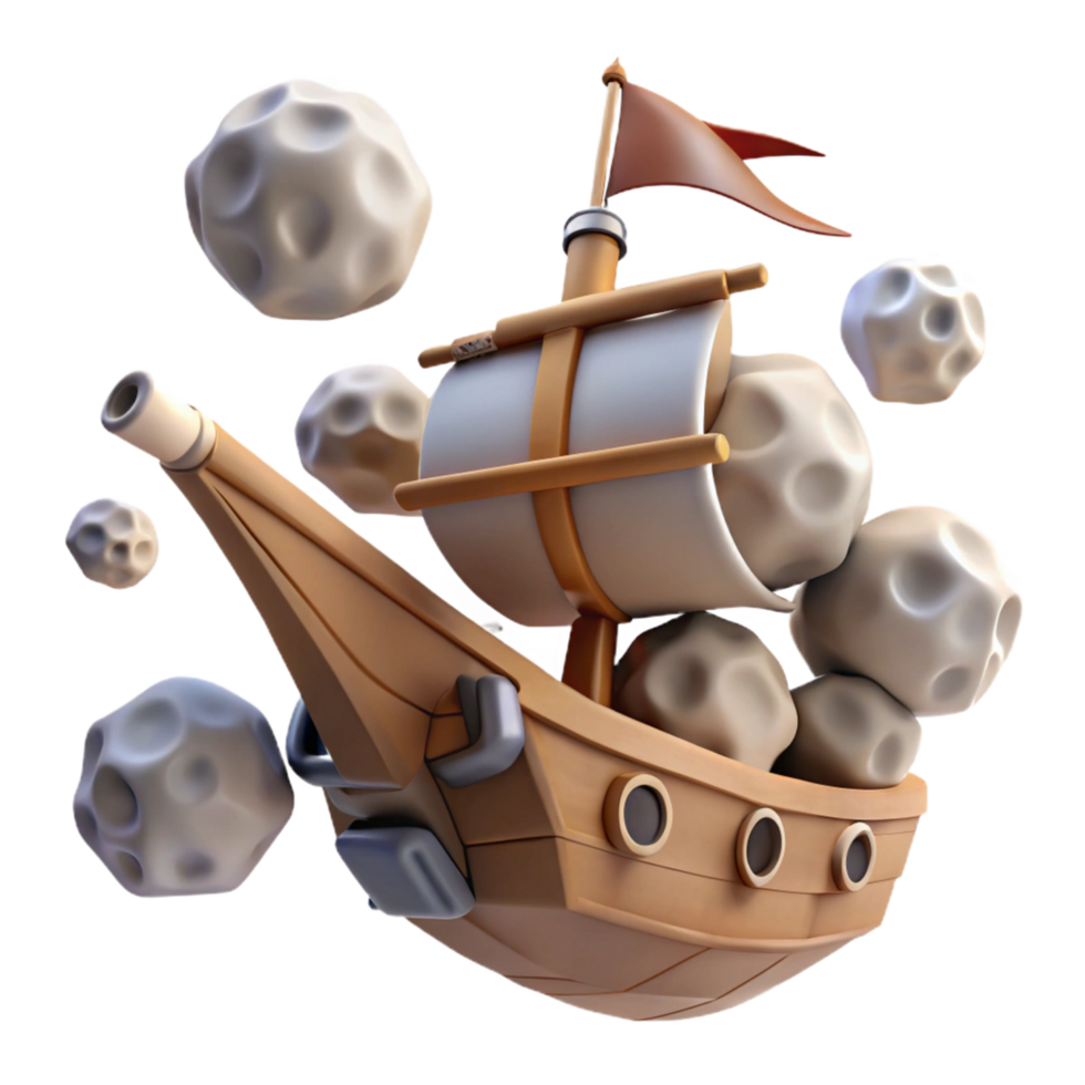 Asteroid Ship A 3D Render of a Wooden Vessel Surrounded by Space Rocks png