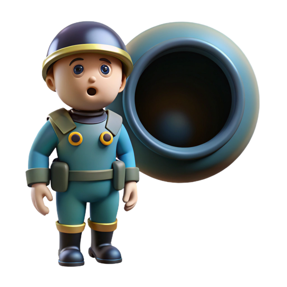 3D Render of Curious Cartoon Worker Exploring a Mysterious Deep Hole png