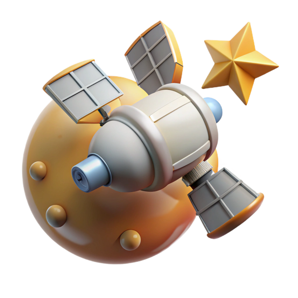 Satellite Orbiting Celestial Body 3D Render of Spacecraft Exploration png