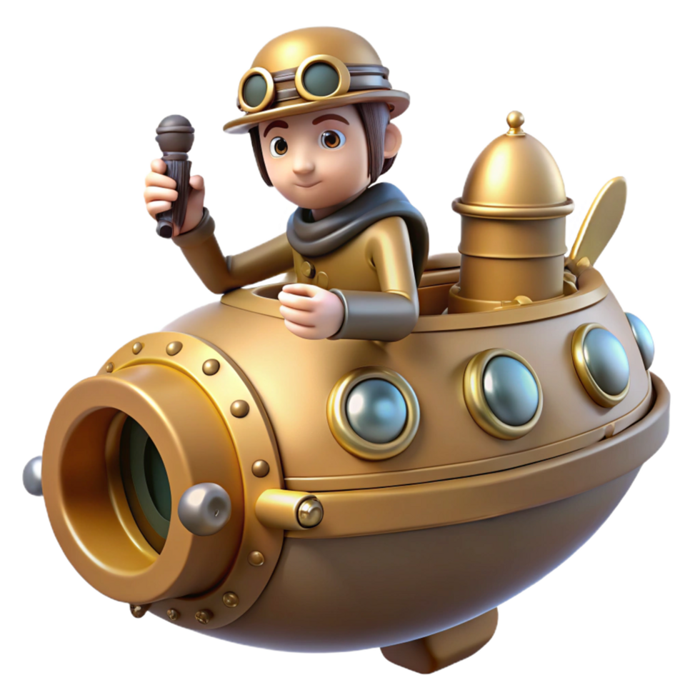 Steampunk Submarine Reporter 3D Render of a Character with a Microphone png