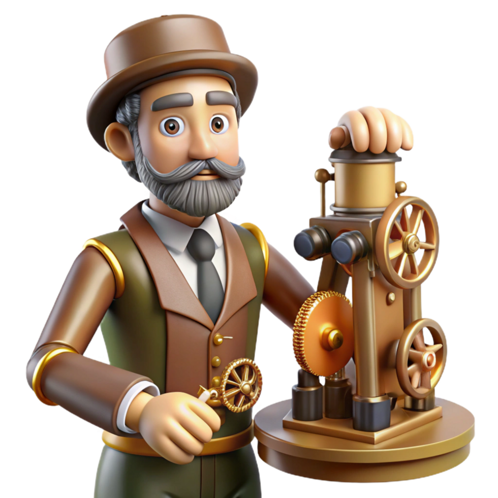 A 3D Render of a Victorian-Era Inventor with a Gear-Driven Machine png