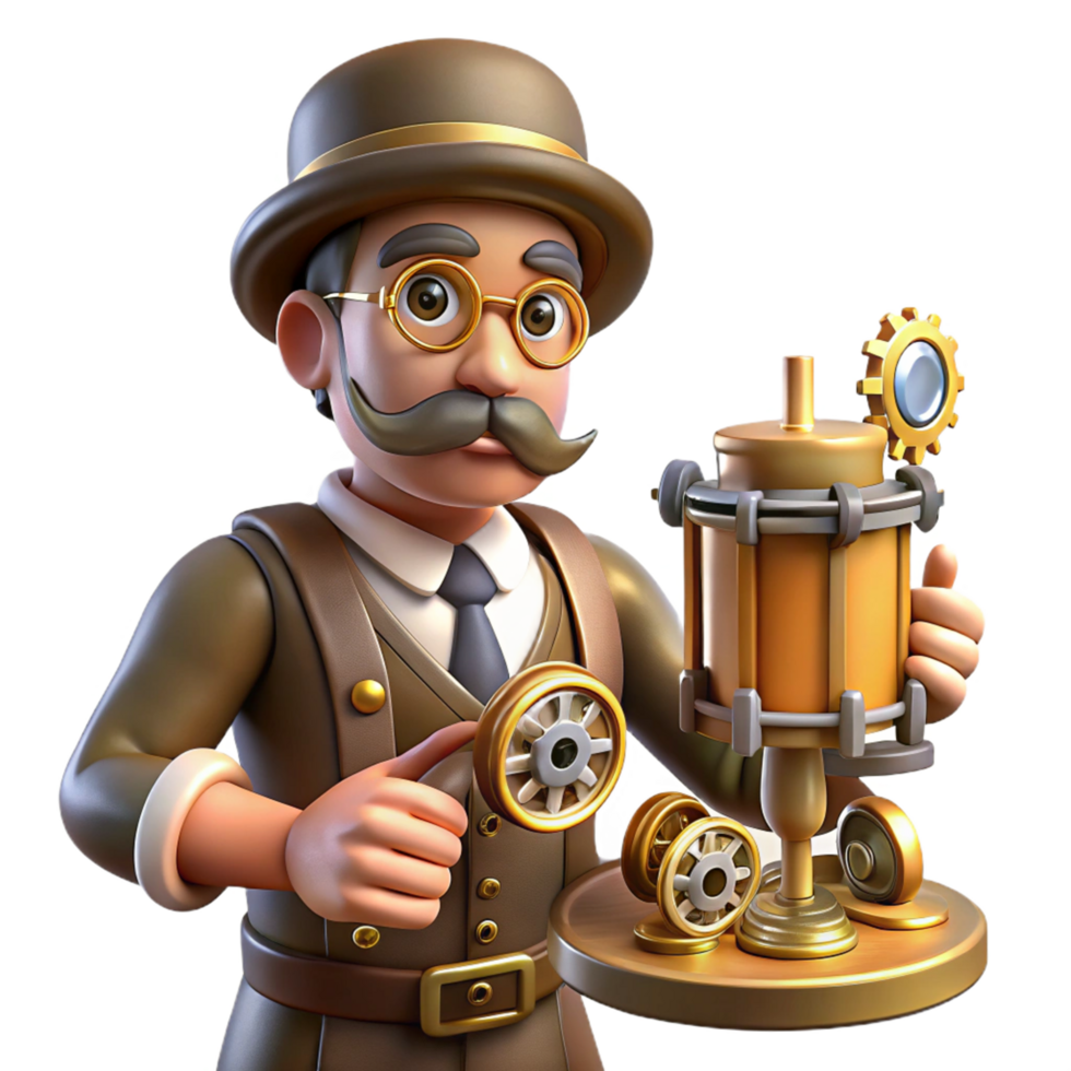 Steampunk Inventor with Gear Mechanism and Wheels png