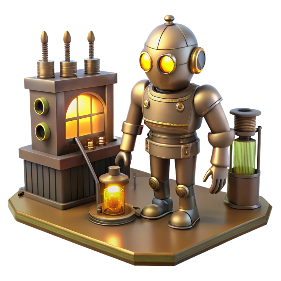 Steampunk Robot with Energy Source and Lantern png