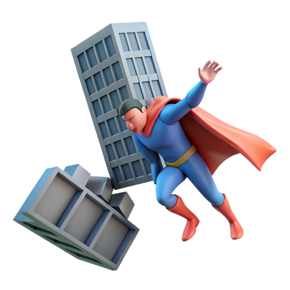 Superhero Saving Building 3D Render of a Disaster png