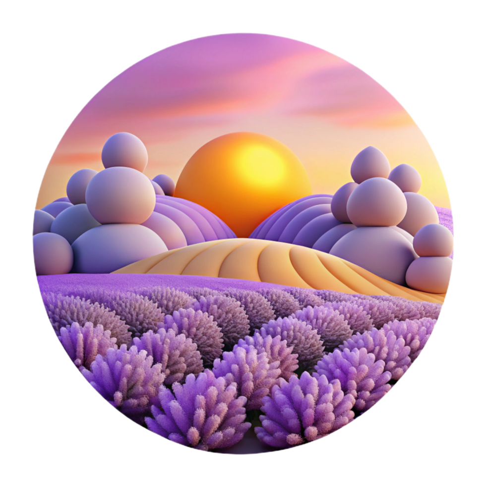 Sunset Over Lavender Field with Abstract Hills and Spheres png