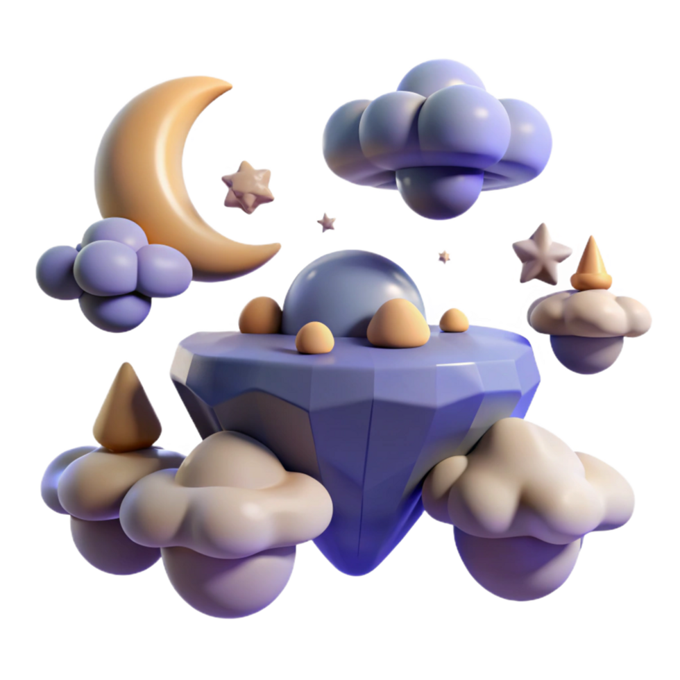 Fantasy Night Sky Island 3D Render of Clouds, Moon, and Stars png