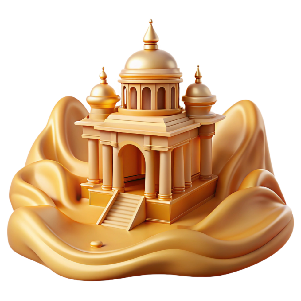 Golden Temple on Abstract Liquid Wave 3D Render png