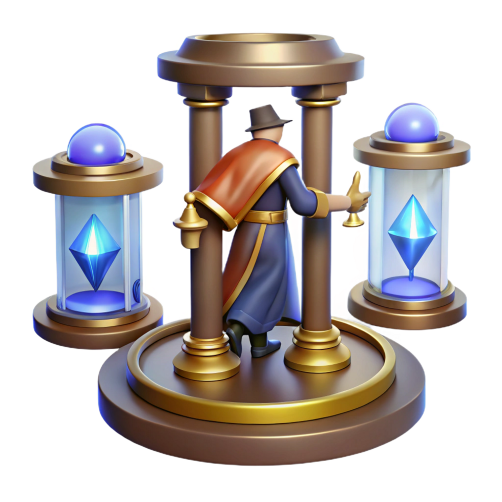 Mystic Crystals A 3D Render of a Figure Unveiling Ancient Relics png