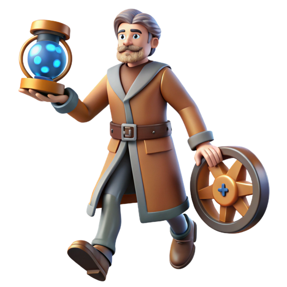 3D Render of a Walking Cartoon Character with a Wheel and Orb png