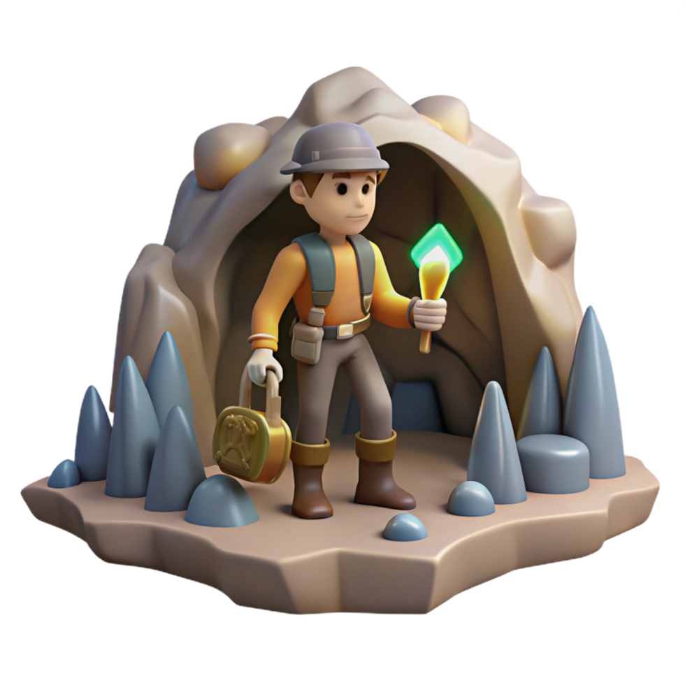 3D Render of a Cave Explorer Discovering a Gem png