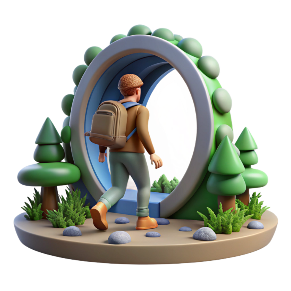3D Render of Person with Backpack Entering Magical Portal to Unicorn png