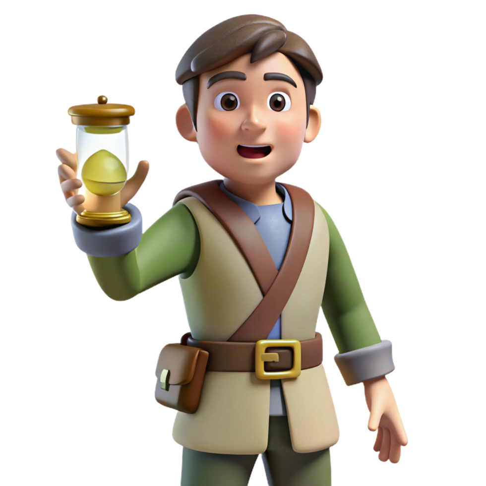 3D Animated Adventurer with Hourglass Time Travel Concept png