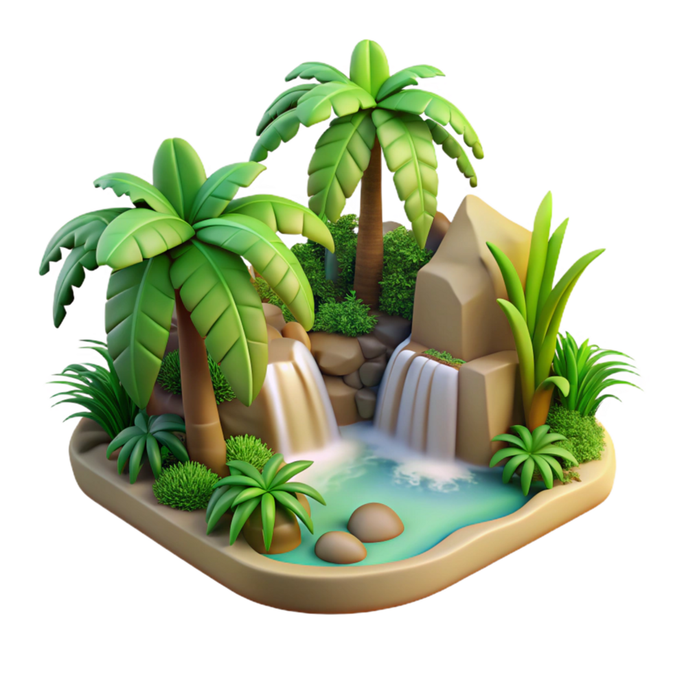 Tropical Oasis 3D Render of Lush Waterfall and Palm Trees png