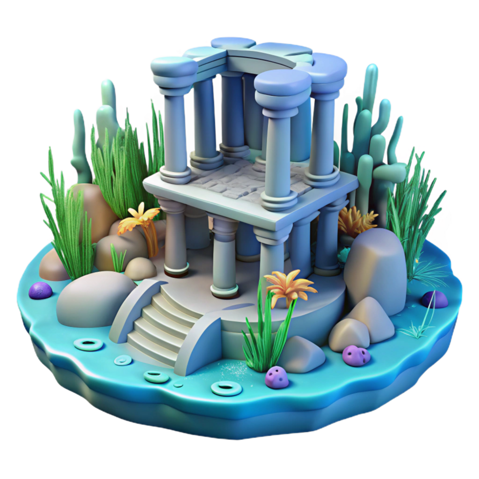 Underwater Temple 3D Render of Ancient Ruins with Flora png