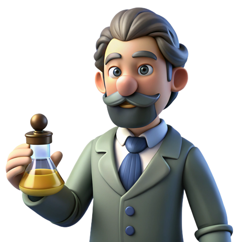 3D Cartoon Scientist Holding a Flask of Yellow Liquid png